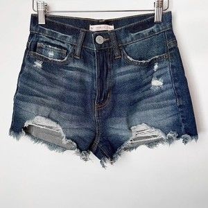 SO Jean Shorts Dark Wash Vintage Stretch Curvy Mom High Rise Distressed Size 24